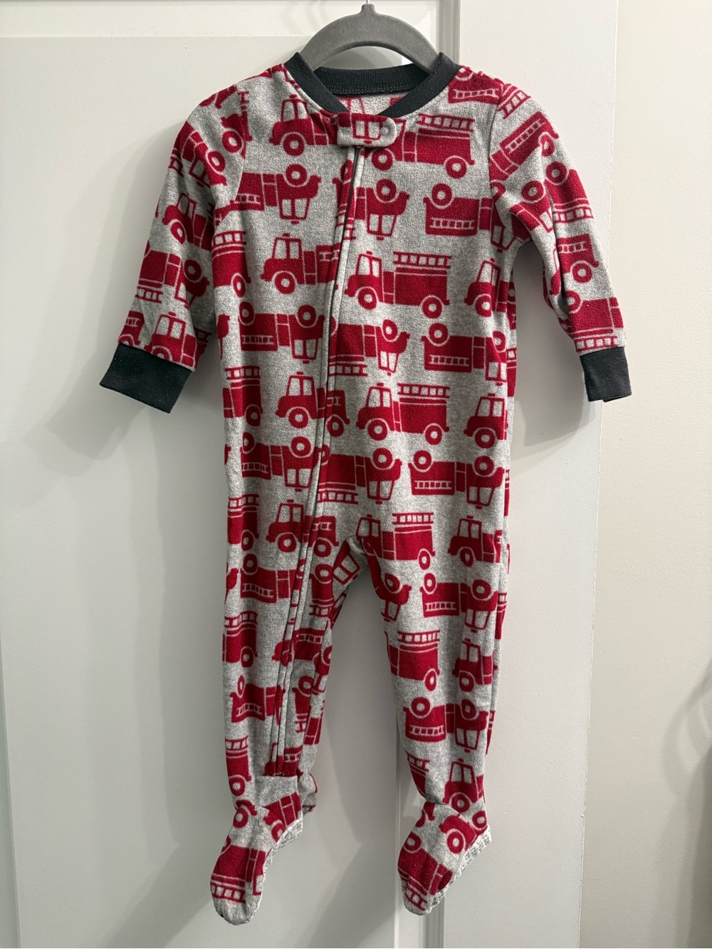 Carter's Gray and Red Fire Truck Fleece Footed One-Piece Pajama